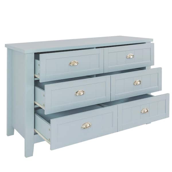 Tahanbath Blue Drawer Dresser Side Cabinet-Solid Wood Frame, Plastic Door Panel with Retro Shell Handle