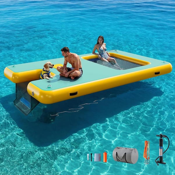 Inflatable Floating Dock 10ft. x 6ft. with Mesh Area, Non-Slip PVC Surface, Yellow and Mint Green, 5-7 People Use