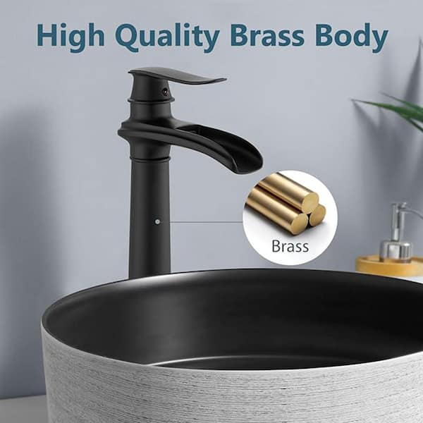 Single Handle Waterfall Single Hole Tall Spout Bathroom Vessel Sink Faucet With Pop-Up Drain Assembly in Matte Black