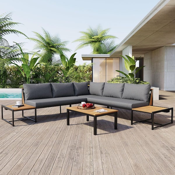 Unbranded Modern 7-Piece Multi-Functional Metal Outdoor Patio Conversation Set with Dark Grey Cushions and Coffee Table