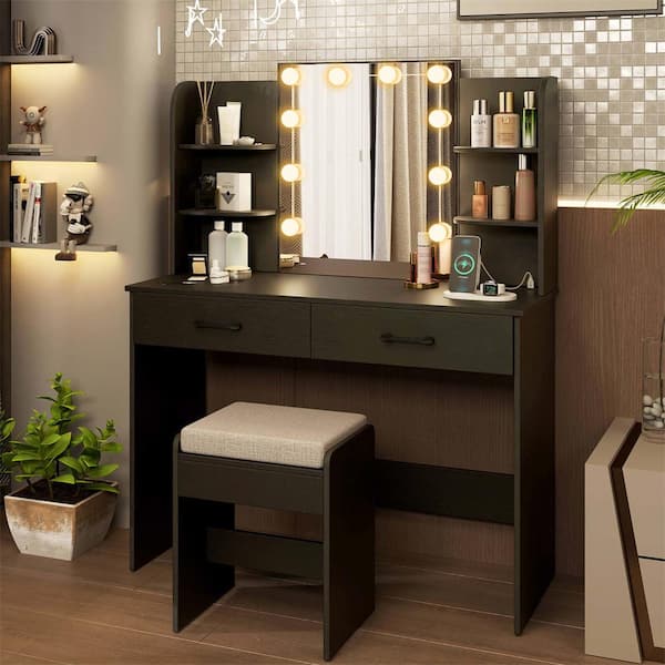 Costway 2-Piece Black Makeup Vanity Set with Lighted Mirror Charging Station 3-Color Dimmable LED Lights