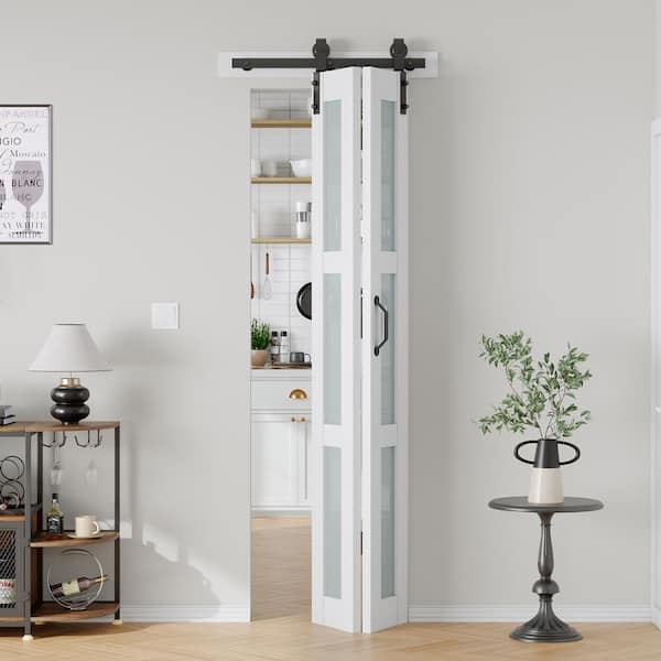 24 in. x 84 in. 3/4 Lite Frosted Glass Solid Core MDF Wood White Bi-Fold Door with Hardware