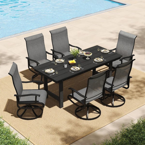 7-Piece Plastic Rectangular Outdoor Dining Set, HDPE Patio Table with Umbrella Hole and 6 Swivel Patio Chairs for Lawn
