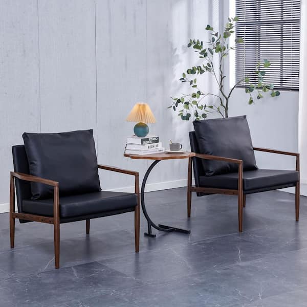 Aoibox Dark Brown PU and Wood Mid-Century Arm Chair with Extra-Thick Padded Backrest and Seat Cushion