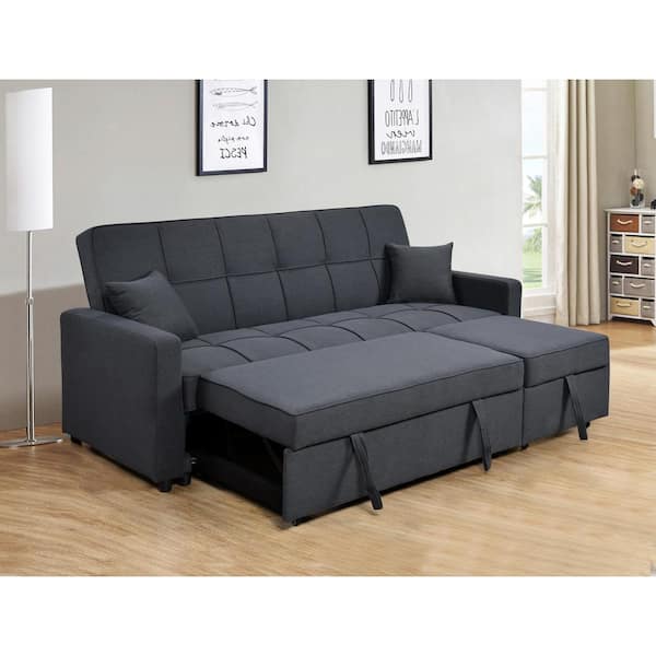 sumyeg 82 in. Dark Blue Oversized Convertible Linen Sofa Bed with Adjustable Backrest, 3 Seaters