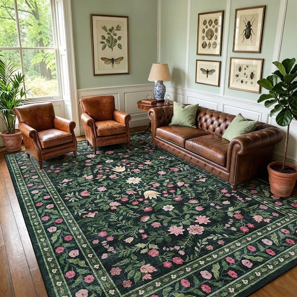 Dark Green 8 X 10 ft. Floral Washable Low Pile Area Rug, Soft Non-Slip Indoor Carpet for Living Room,Bedroom,Dining Room