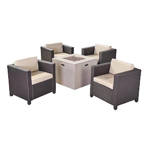 Maxwell Dark Brown 5-Piece Faux Rattan Patio Fire Pit Conversation Set with Beige Cushions