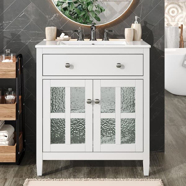 30" White Bathroom Vanity with Ceramic Sink