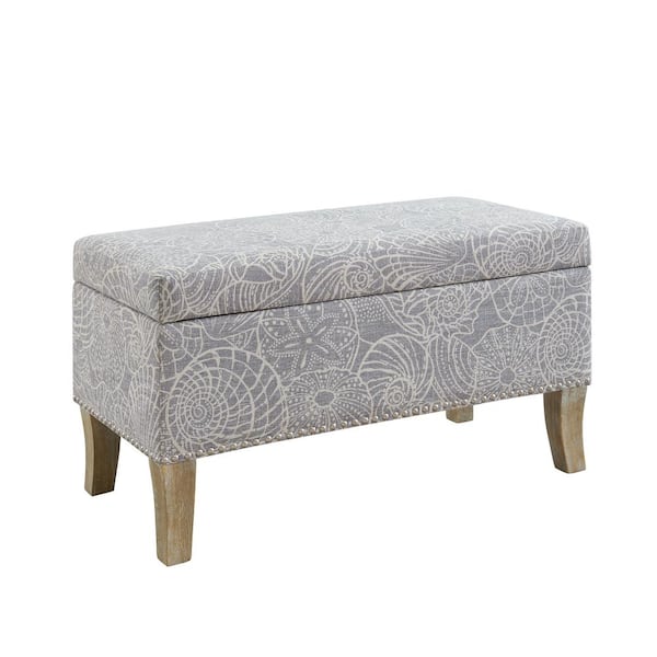 Linon Home Decor Stephanie Grey Upholstered Storage Ottoman with Seashell Pattern