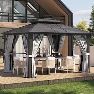 10 ft. x 12 ft. Outdoor Dual-Layer Galvanized Steel Gazebo with Netting and Curtains for Garden, Patio, Lawns