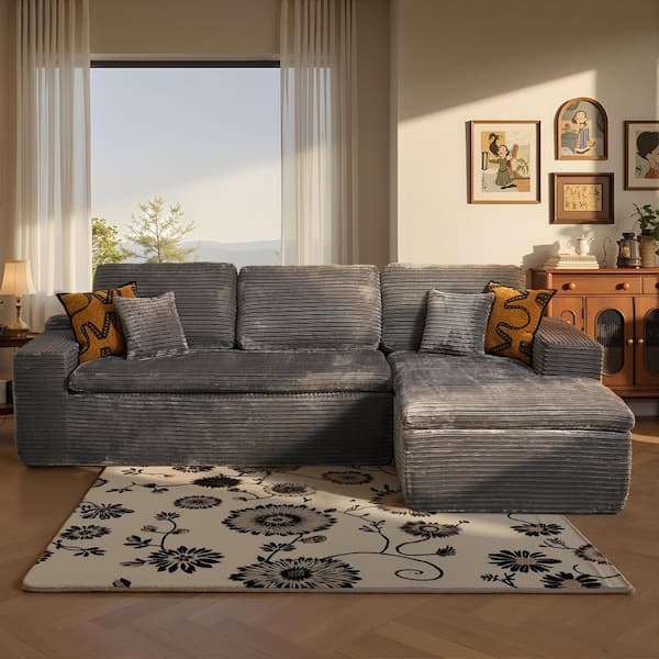 POPO 105 in. Wide Arm 2-Piece Modern Gray Corduroy L-Shape Modular Sectional Sofa in Gray with Right Chaise
