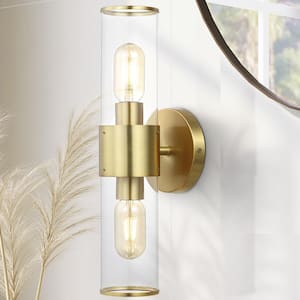 Quinn 15.5 in. 2-Light Mid-Century Modern Iron/Acrylic LED Sconce, Brass Gold/Clear