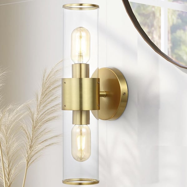 JONATHAN Y Quinn 15.5 in. 2-Light Mid-Century Modern Iron/Acrylic LED Sconce, Brass Gold/Clear