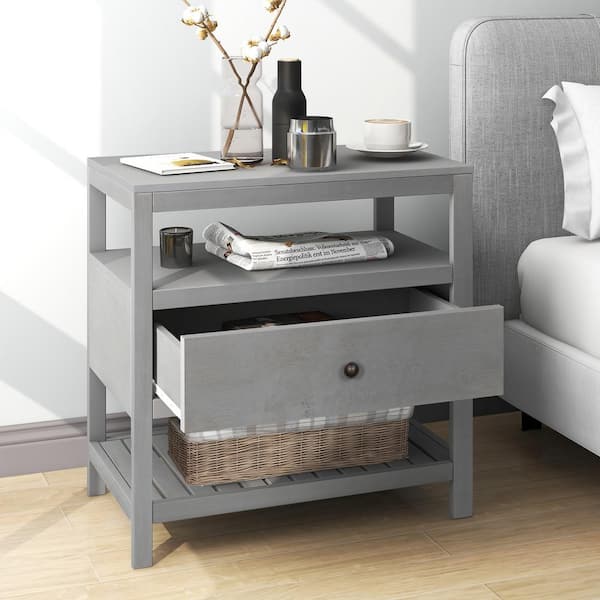 ANBAZAR Solid Wood 1-Drawer Gray Nightstand with 2 Open Shelves, Modern Nightstand Bedside Table End Table 26''L*15''W*25.2''H