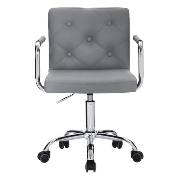 Office Stool with Arms/Wheels for Students Swivel Faux Leather Office Chair Home Computer Chair, Gray