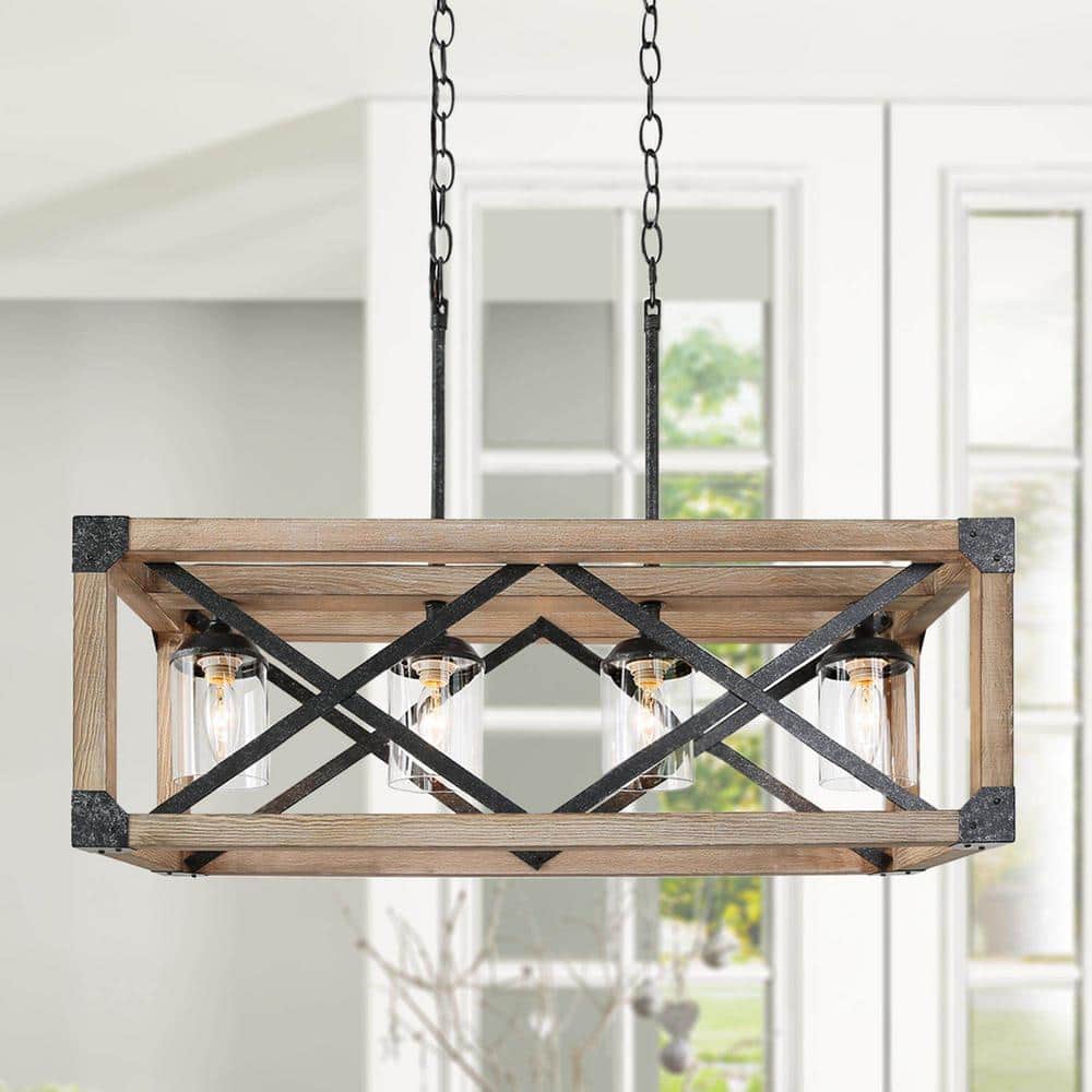 LNC Farmhouse Wood Island Chandelier, Distressed Black Hanging Ceiling Light 4Light Modern