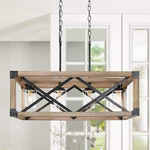 Farmhouse Wood Island Chandelier, Distressed Black Hanging Ceiling Light 4-Light Modern Pendant with Clear Glass Shades