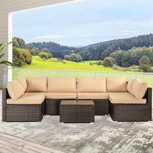 Modern 7-Piece Brown Wicker Rattan Outdoor Patio Sectional Sofa Set with Brown Cushions