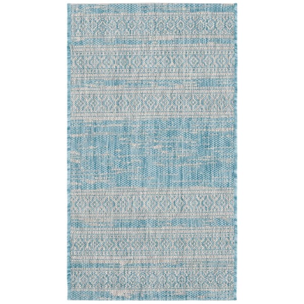 Courtyard Aqua/Gray 2 ft. x 4 ft. Aztec Striped Indoor/Outdoor Area Rug