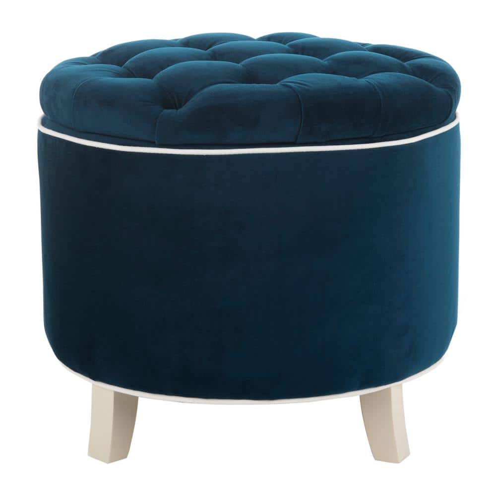 Transitional Black Tufted Round Storage Ottoman with Oak Legs