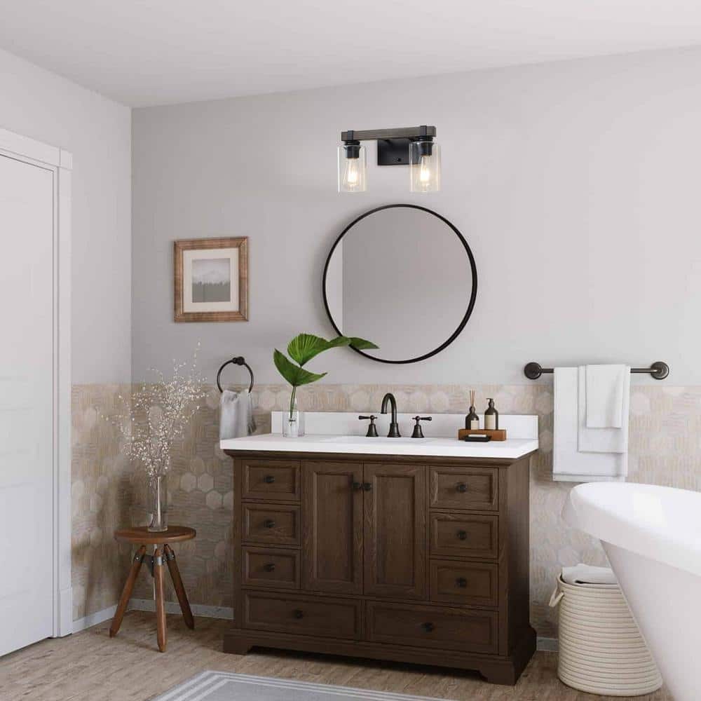 14.96'' Black and Wood Grain Metal Vanity Light with Clear Glass Shades