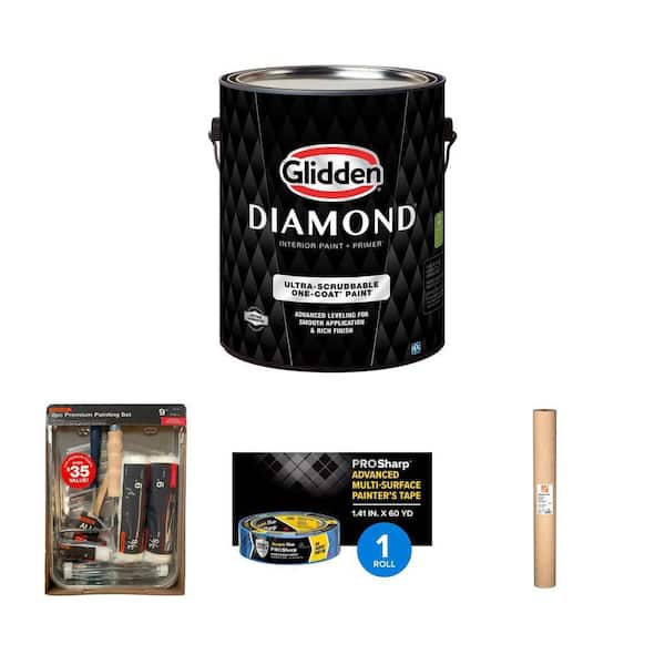8-Piece Paint Kit, 35 in. x 140ft Builders Paper, 1 Gal. White Paint with Primer and 1.41 in. Painter's Tape Combo