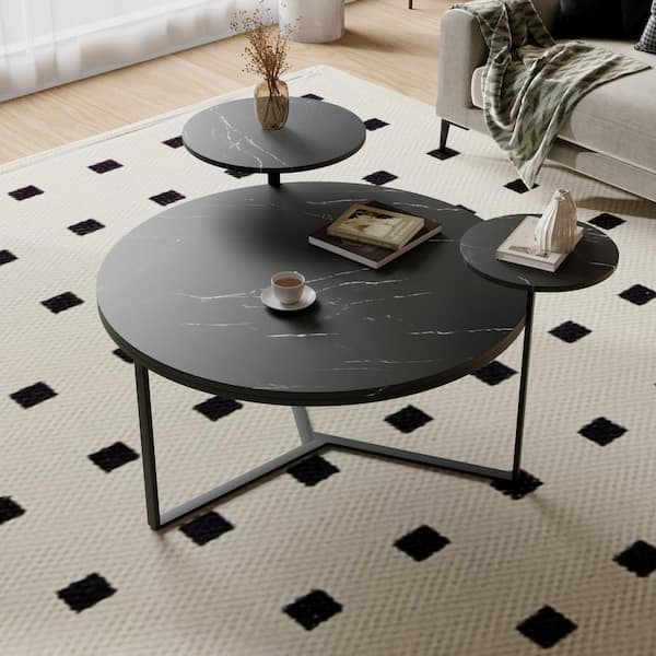 Ulros 31.5 in. Black Round MDF Faux Marble Modern Coffee Table with 2-Display Shelves