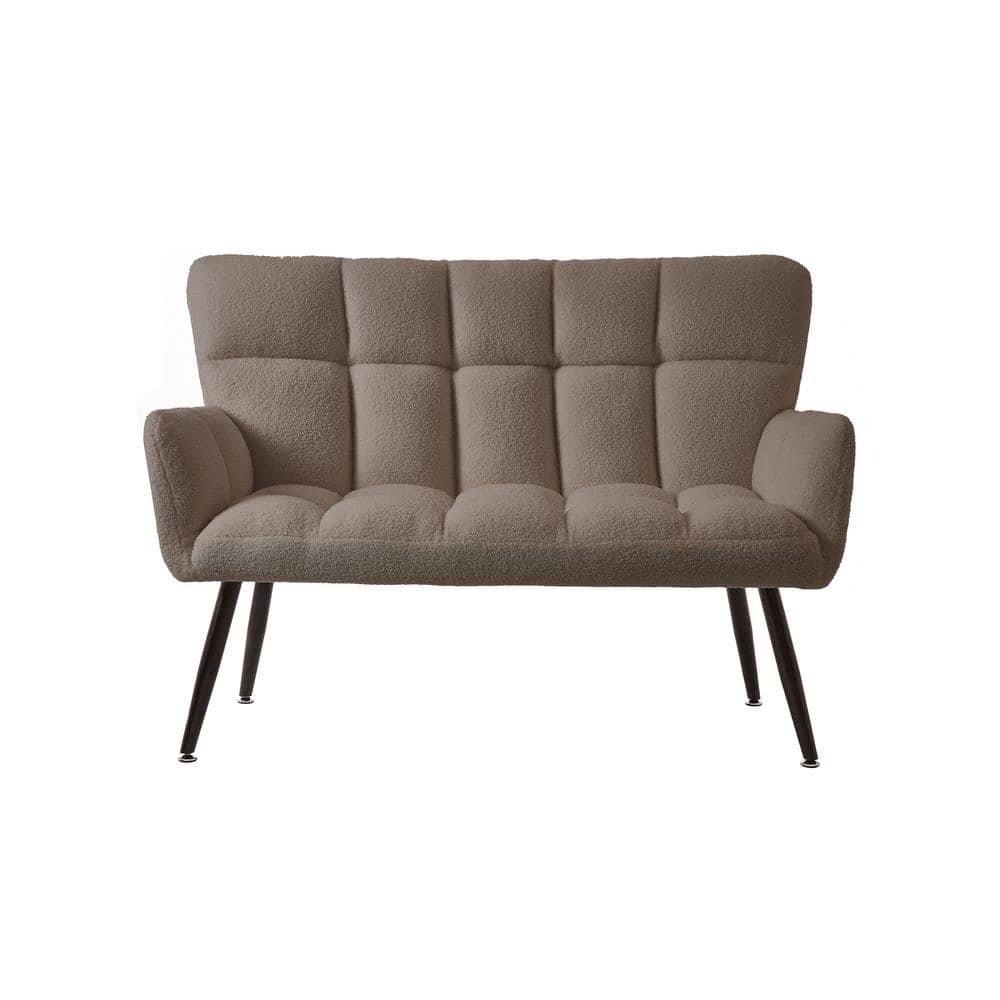 Black Metal Teddy Fabirc Outdoor Loveseat Sofa with Brown Cushions, Couch 2