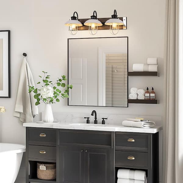 24 in. 3-Light Black and Wood Bell Metal Shade Vanity Lightwith Dimmable for Vanity Powder Room Dressing Room