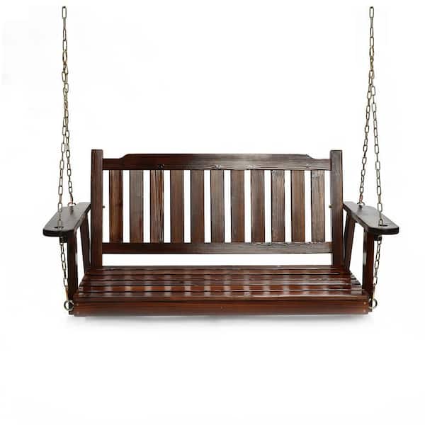 LuxenHome Torch Wood Front Porch Swing with Chains