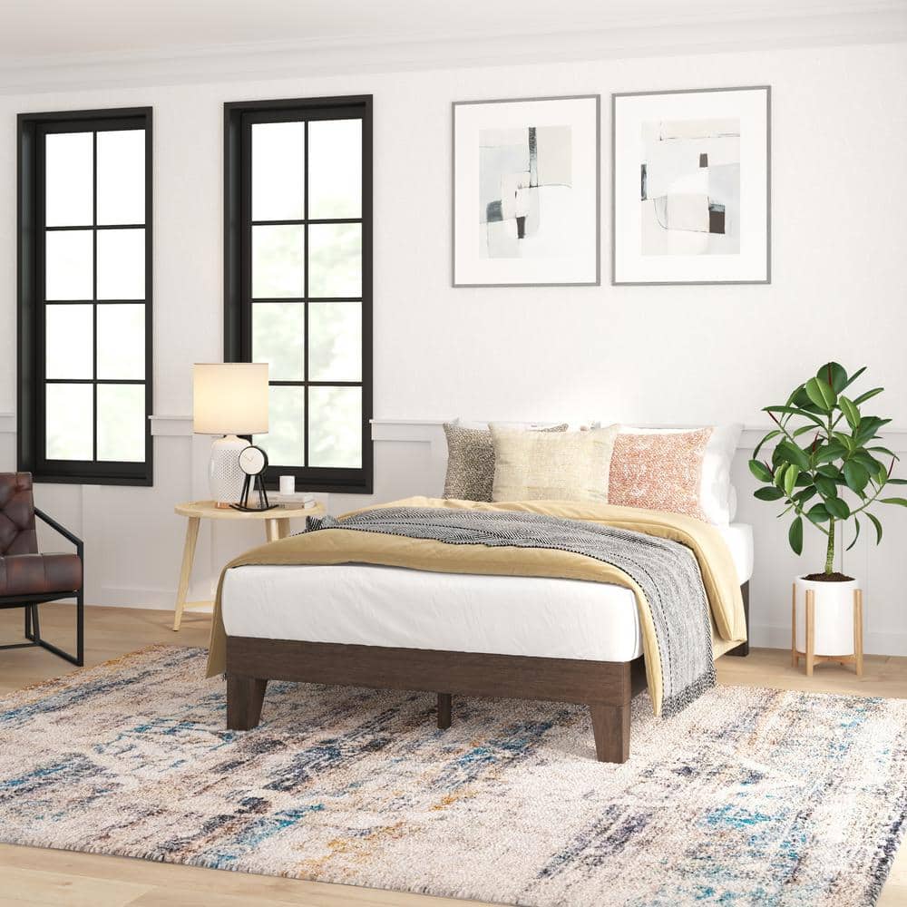 Full Walnut Solid Wood Platform Bed with Slats and Drawer