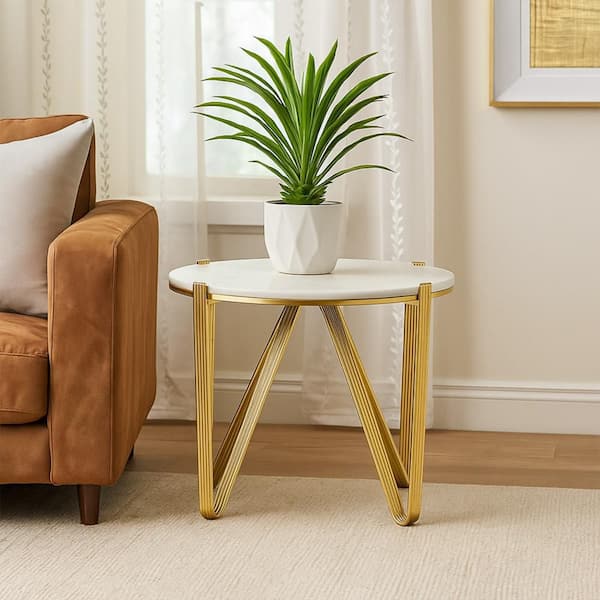 Glam 17.25 in. White Round Marble Indoor Plant Stand Table with Gold Metal Texture Legs