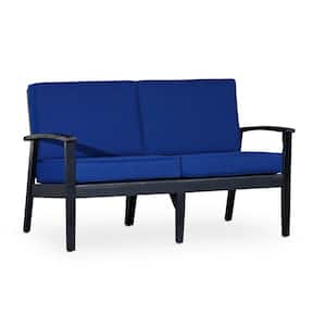 Outdoor Espresso Wood Dining Bench 53 in. W Patio Loveseat with Navy Blue Cushions Arms