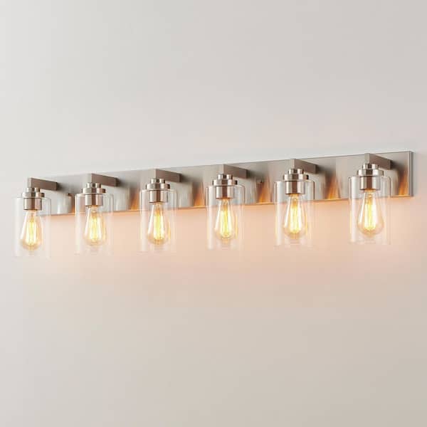 44 in. 6-Light Brushed Nickel Vanity Light with Clear Glass Shades