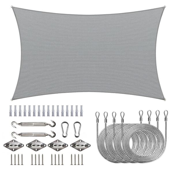 COLOURTREE 8 ft. x 10 ft. 190 GSM Grey Rectangle Sun Shade Sail with Rectangle Installation Kit Plus Cable Wire Ropes