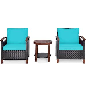 3-Pieces Patio Rattan Furniture Set Wooden Frame Table Shelf with Turquoise Cushion