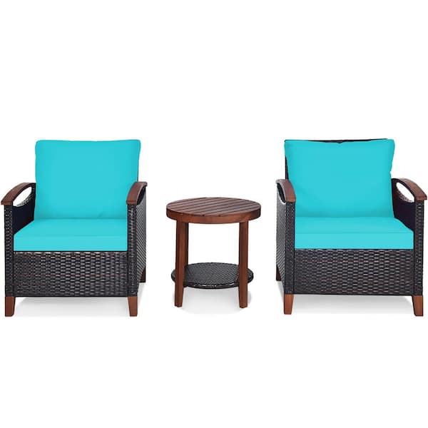 Costway 3-Pieces Patio Rattan Furniture Set Wooden Frame Table Shelf with Turquoise Cushion
