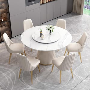 59.05 in. White Circular Rotable Sintered Stone Tabletop with Lazy Susan Pedestal Base Kitchen Dining Table (Seats-8)