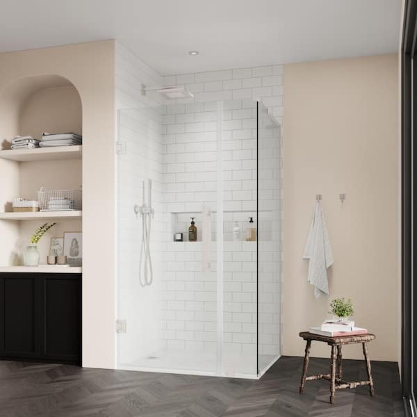 OVE Decors Tampa-Pro 37 13/16 in. W x 72 in. H Rectangular Pivot Frameless Corner Shower Enclosure in Satin Nickel