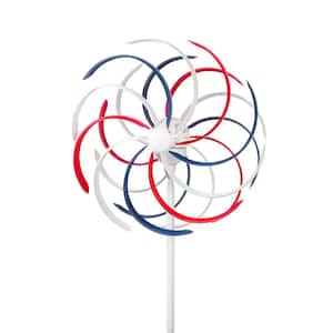 68 in. Tall Outdoor Solar Powered Patriotic Dual Windmill Spinner Stake Yard Decoration, Red, White, and Blue