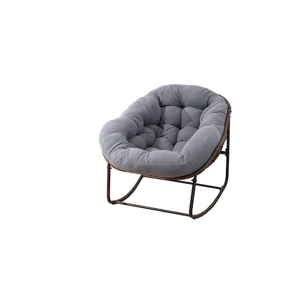 HOMEFUN Deluxe Oversized Wicker Rattan Padded Steel Frame Outdoor Rocking Chair with Gray Teddy Cushion