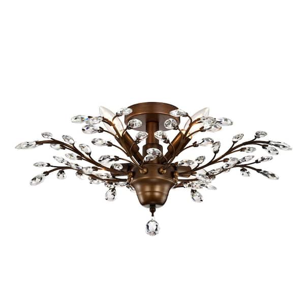Lluvia 23.6 in. 4-Light Crystal Leaves Bronze Flush Mount with No Bulbs Included