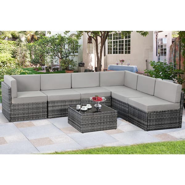 Sudzendf 7-Piece Gray Wicker Patio Conversation Set with Gray Cushions and Coffee Table