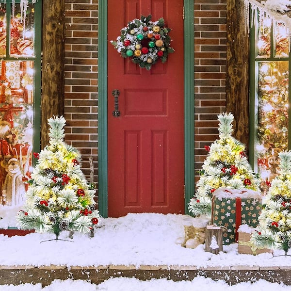 2PCS 2 ft. Pre-Lit Snow Flocked Artificial Christmas Tree Pathway Xmas Tree w/8 Flash Modes