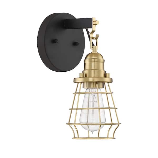 Thatcher 11 in. 1 Light Flat Black/Satin Brass Finish Wall Sconce with Steel Wire Shade