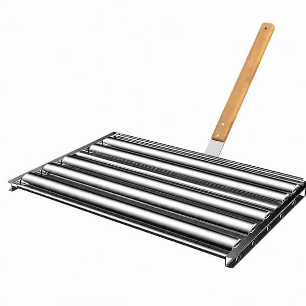 Stainless Steel Hot Dog Roller Rack with Wooden Handle Fork, Extra Large Sausage Roller for BBQ Grilling