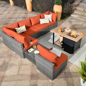 Messi Gray 8-Piece Wicker Outdoor Patio Conversation Sectional Sofa Set with a Storage Fire Pit and Orange Red Cushions