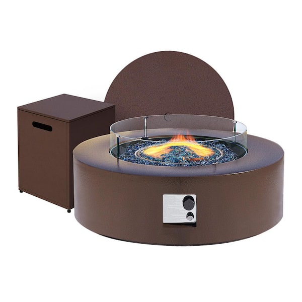 42 in. Round Iron Outdoor Brown Fire Pit Table with Propane Tank Holder and Glass Wind Guard