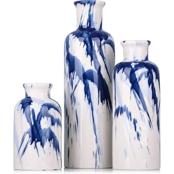 Navy Blue and White 3 in. x 10 in. Ceramic Modern Farmhouse Vase Set of 3