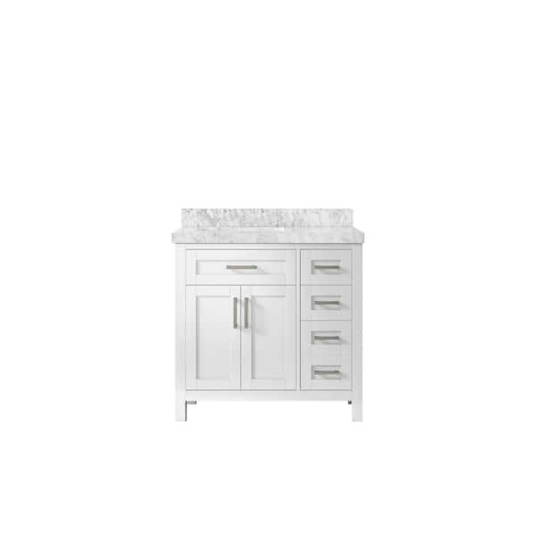 Willow Collections Cambridge 36 in. W x 22 in. D x 36 in. H Left Offset Sink Bath Vanity in White with 2 in. Carrara Marble Top